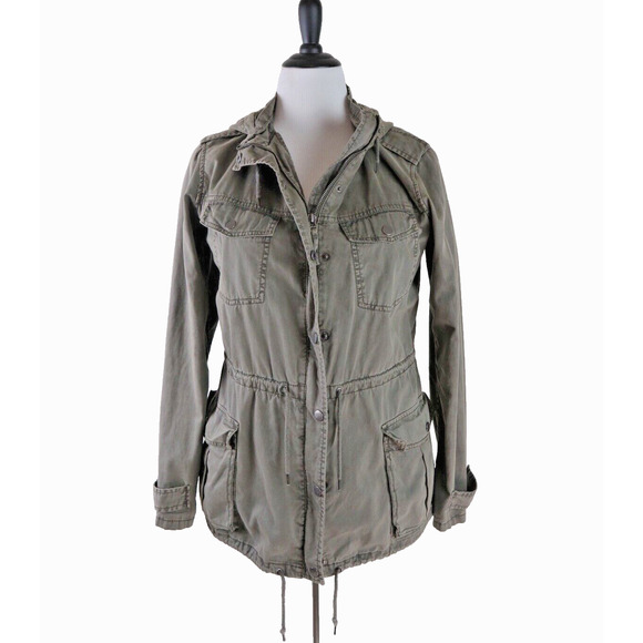 Blanc Noir Size M Hooded Cargo Jacket Full Zip Utility Army Green - Picture 1 of 11